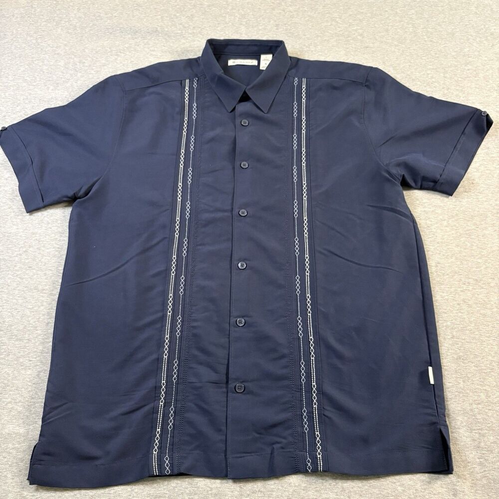 Cubavera Guayabera Shirt Mens Large Navy Blue Embroidered Camp Cuban Casual